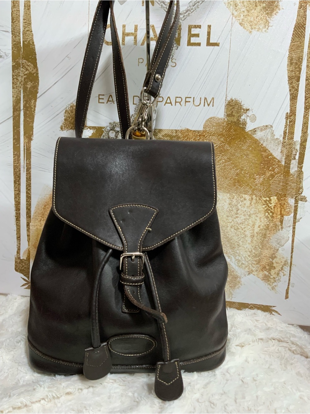 Dooney & Bourke Dark Brown Leather Drawstring Backpack